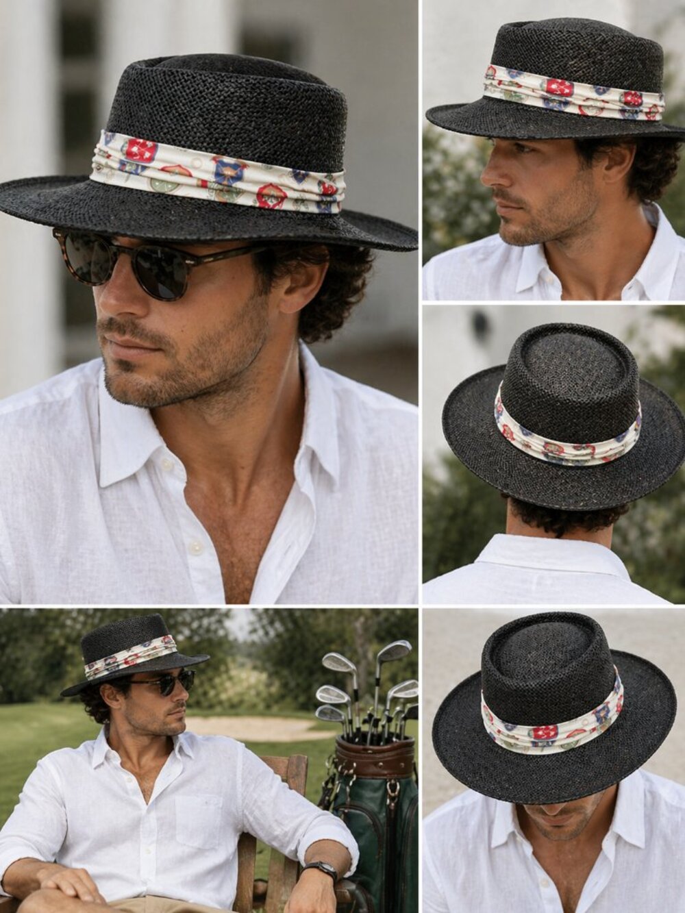 Country Gentleman Straw Hat Black Wide Brim Golf Band Panama Made in USA OSFM